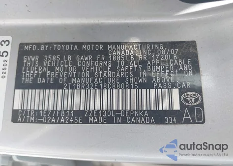 2008 Toyota Corolla Le z USA, uszkodzony, nr VIN 2T1BR32E18C880815